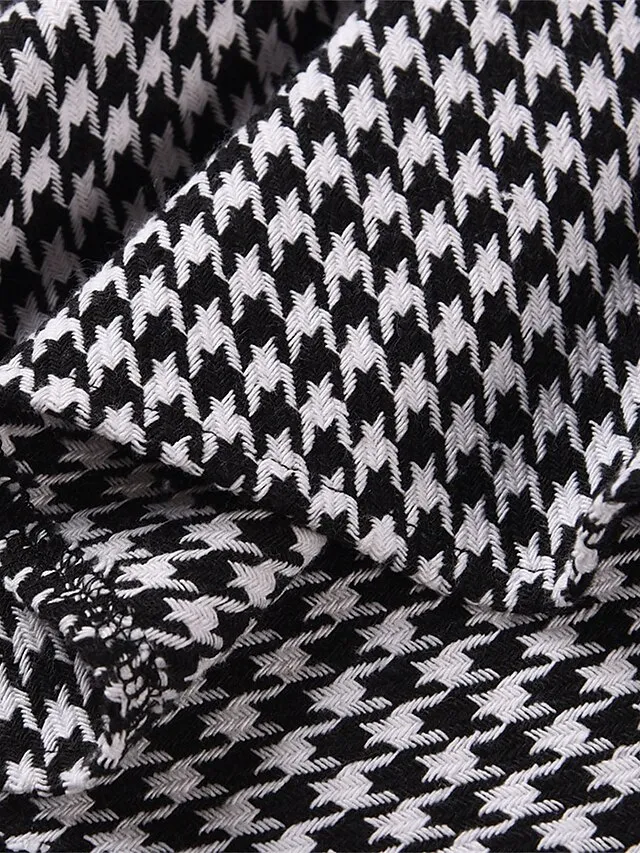 Women's Coat Cloak / Capes Winter Houndstooth Overcoat Fall Long Pea Coat with Belt Elegant Stand Collar Street Daily Wear Fashion Daily Casual Outerwear Long Sleeve Black