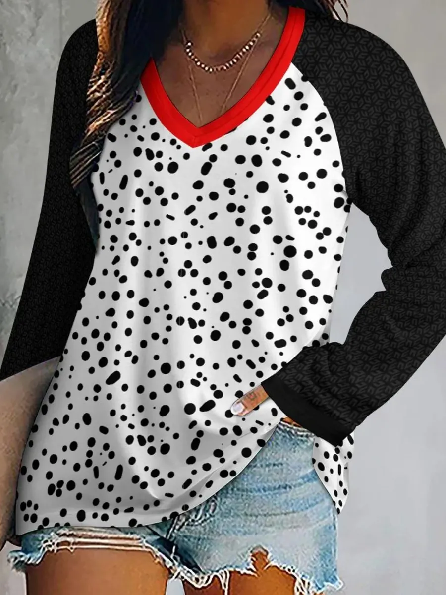 Red Trim Dot V-Neck Top