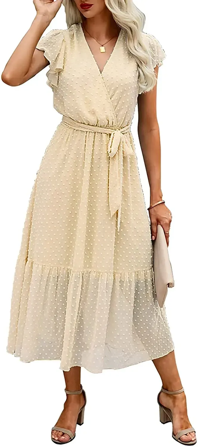 Women Summer Bohemian Floral Casual Wrap V Neck Ruffle Cap Sleeveless Belt A-Line Pleated Hem Swing Midi Sun Dress