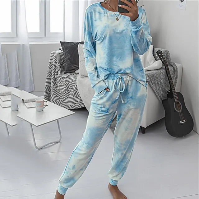 Women's Loungewear Sets Tracksuits 2 Pieces Tie Dye Sport Simple Casual Home Street Airport Polyester Crew Neck Long Sleeve Pullover Pant Elastic Waist Winter Fall Green Blue