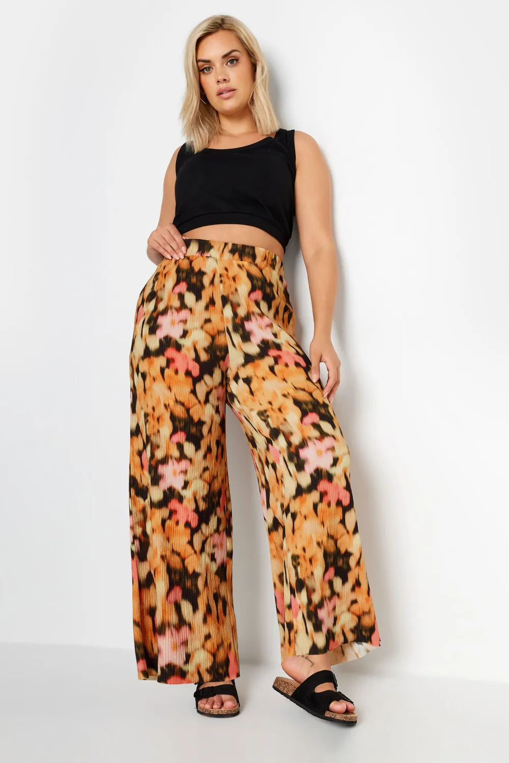 YOURS Curve Blue Abstract Print Textured Wide Leg Trousers
