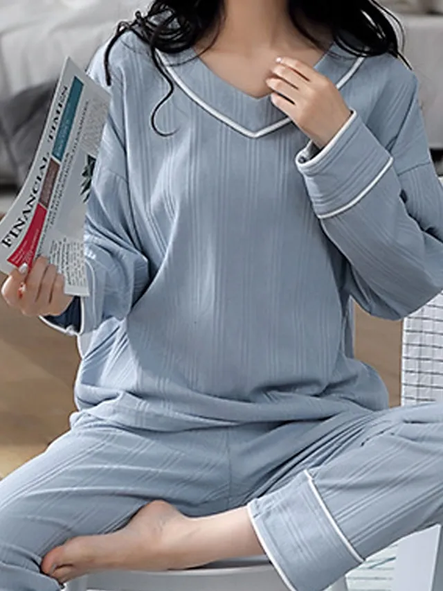 Women's Pajamas Nighty Pjs Sets 2 Pieces Pure Color Fashion Simple Comfort Home Daily Bed Cotton Breathable Gift V Wire Long Sleeve Pant Elastic Waist Basic Spring Fall Black Light Green