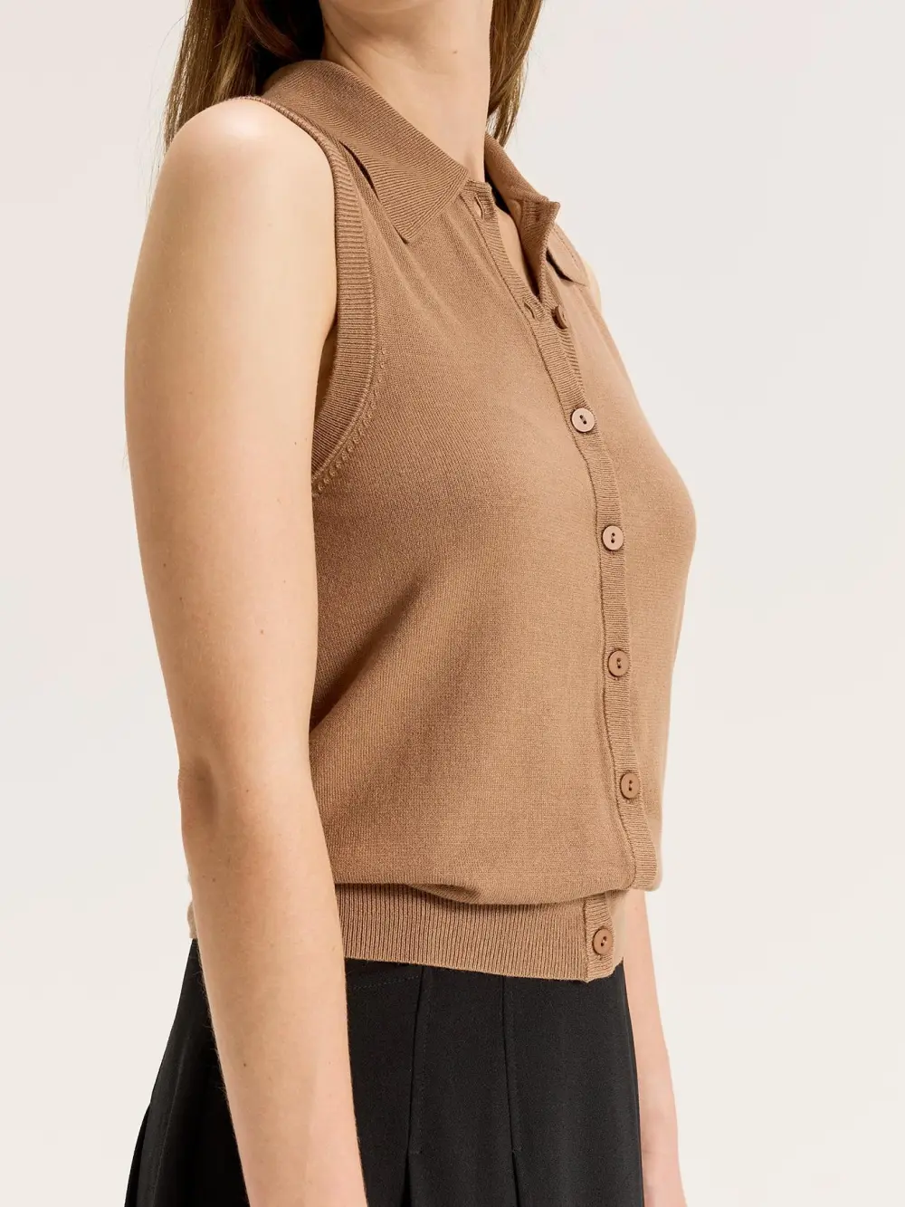 Light Brown Sleeveless Knit Polo Top