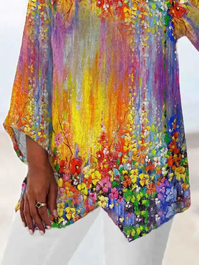 Vintage Flower Oil Painting Gradient Print Irregular Tops