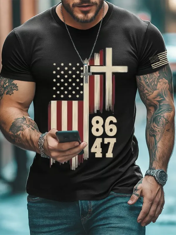 Men'S T-Shirt Men'S Retro 8647 Print Casual Round Neck T-Shirt