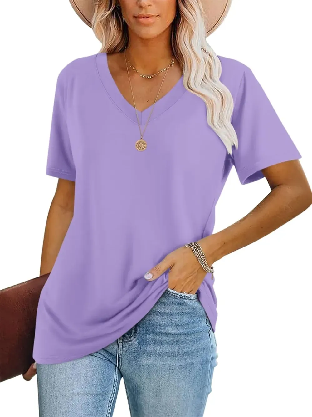 ORANDESIGNE Women's Color Block Short Sleeve T Shirts Casual V Neck Summer Tops Tees Loose Fit Blouses