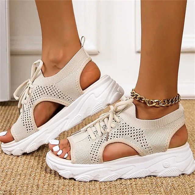 Women's Sandals Lace Up Sandals Strappy Sandals Flyknit Shoes Work Daily Summer Platform Open Toe Casual Minimalism Tissage Volant Lace-up Solid Color Black White Pink