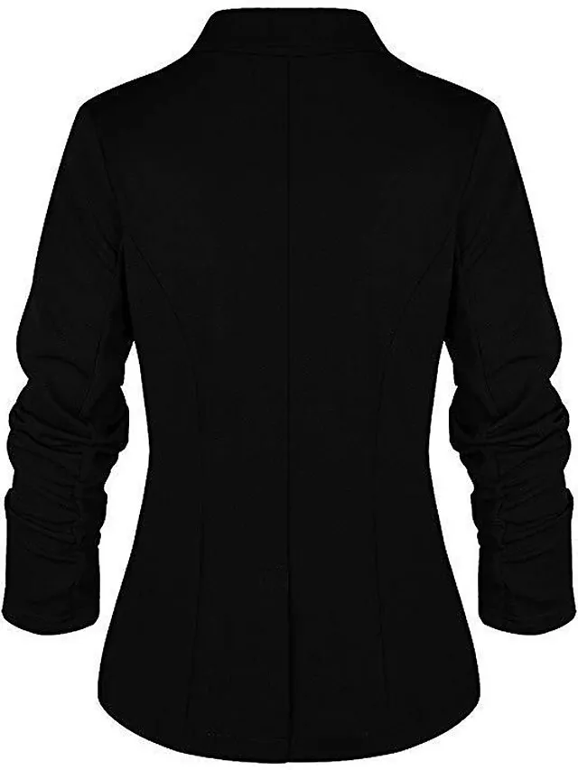 Women's Blazer Formal Office Jacket Open Front Button Plain Windproof Streetwear Pink Regular Fit Outerwear Long Sleeve Spring Navy S