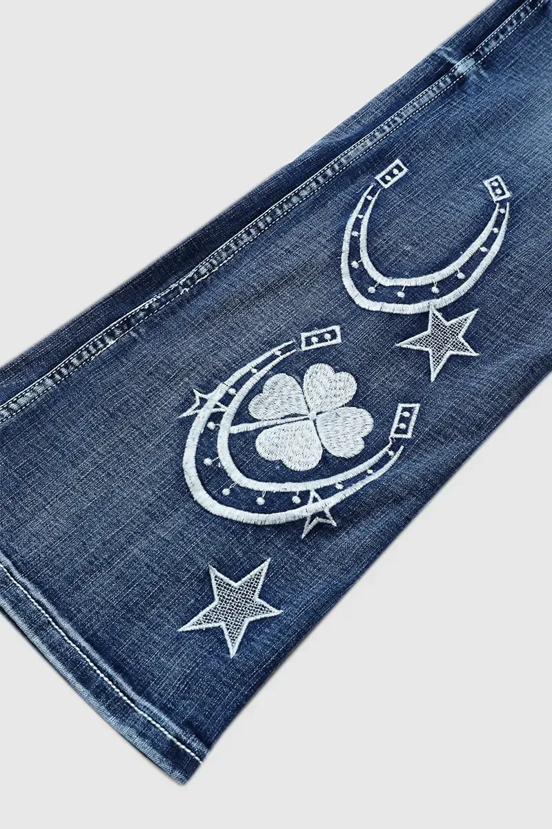 Star & Moon Pattern Button Front Mid Rise Bootcut Jeans