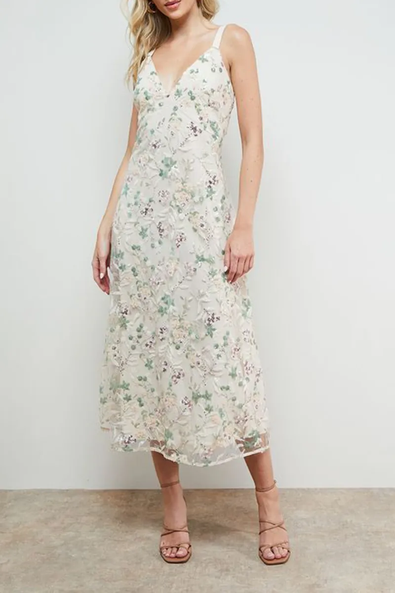 Ivory Hand Embellished V Neck Dress