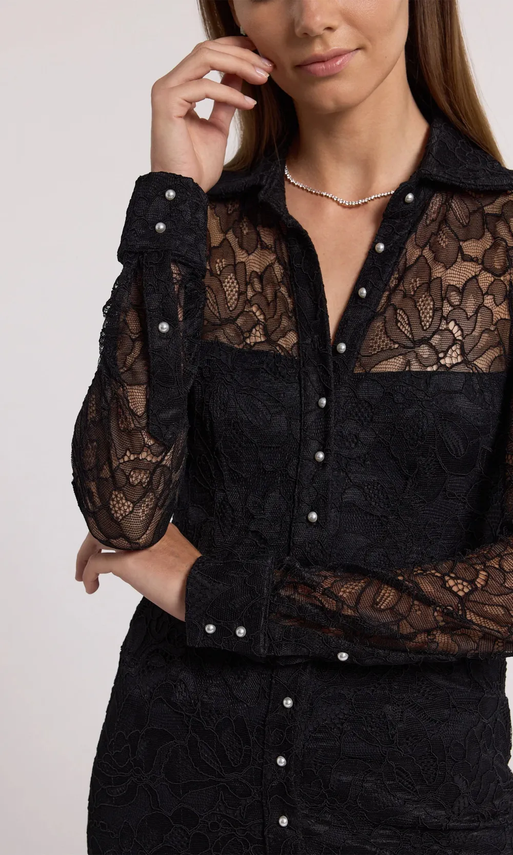 Lapel Long Sleeve Lace Panel Dress