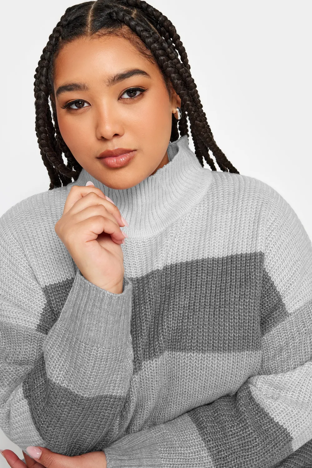 YOURS Curve Grey Stripe High Neck Knitted Jumper