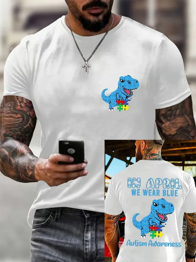 Men'S T-Shirt Men'S Retro Fun Dinosaur Jigsaw Puzzle Autism Awareness Printed Round Neck T-Shirt