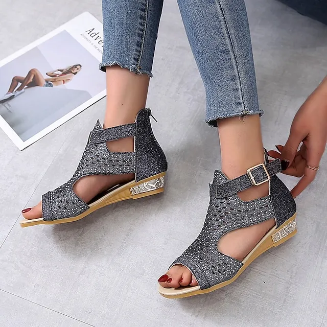Women's Sandals Wedge Sandals Plus Size Party Outdoor Work Summer Spring Rhinestone Wedge Heel Peep Toe Elegant Classic Casual Faux Leather Zipper Solid Color Black Gold Beige