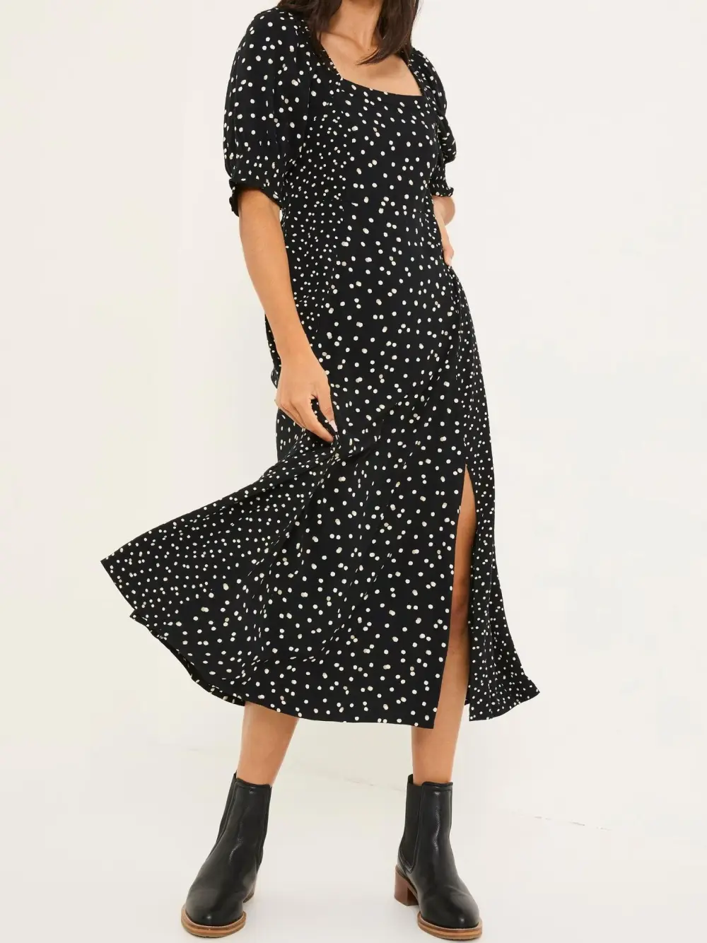 Black Bloom Polka Dot Midi Dress
