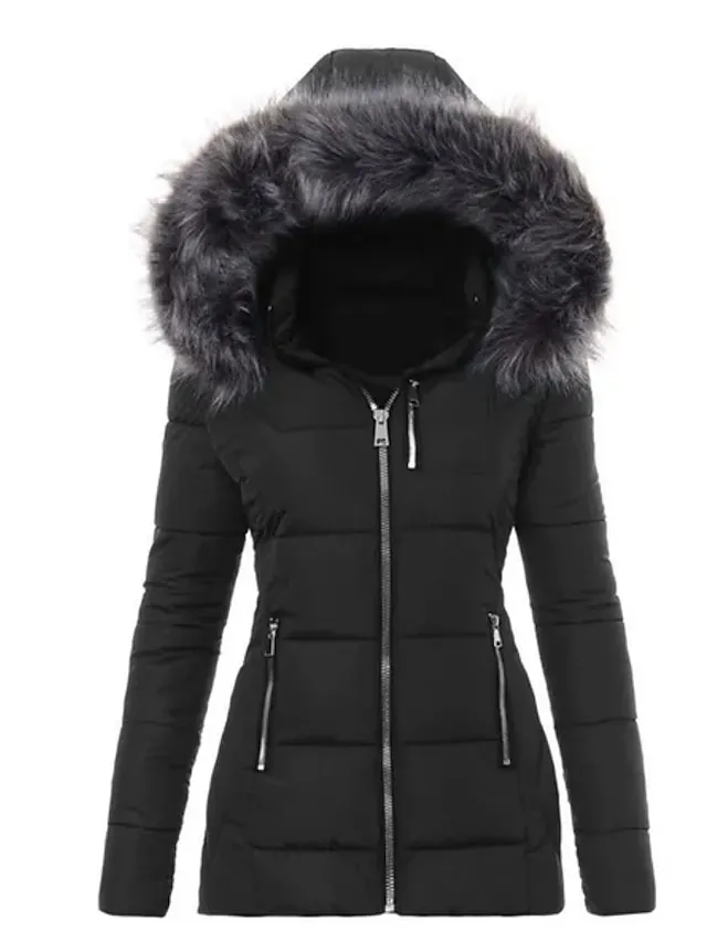 Women's Puffer Jacket Winter Jacket Winter Coat Comfortable Casual Daily Casual Daily Weekend Fur Collar Fleece Lined Zipper Hoodie Daily Comtemporary Stylish Simple Solid Color Regular Fit Outerwear