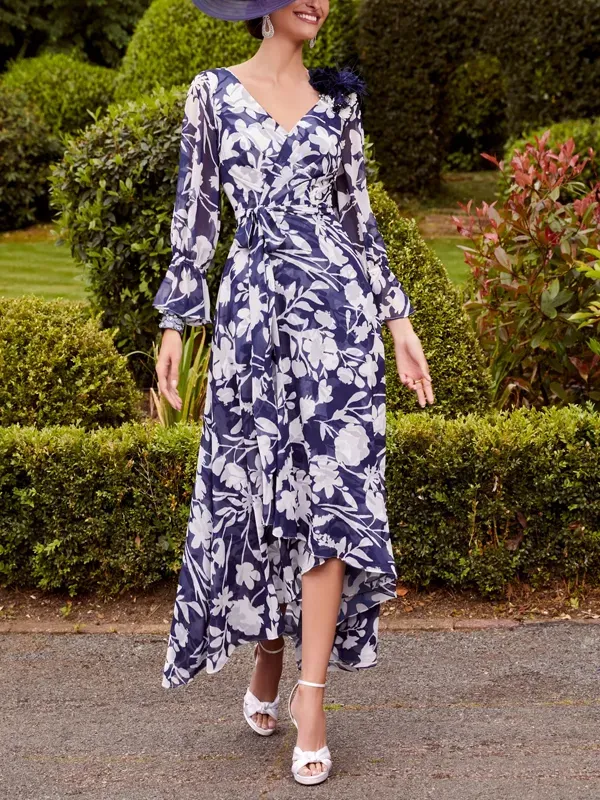 V-Neck Long-Sleeved Tie-Print Maxi Dress