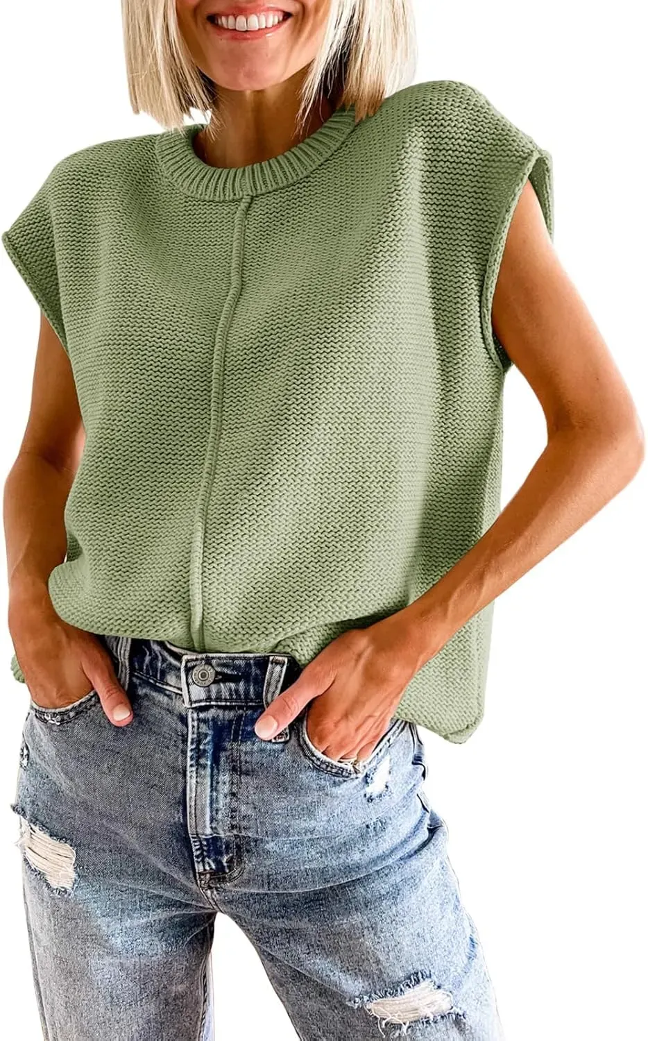 Saodimallsu Womens Summer Cap Sleeve Tops Casual Crew Neck Loose Fit Knit Lightweight Sweater Pullover Top