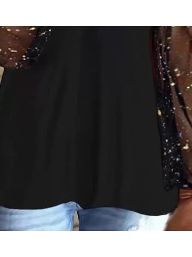Women's Plus Size Going Out Tops Blouse Concert Tops Black Wine Dark Blue Plain Sparkly Mesh Rhinestone Long Sleeve Daily Date Vacation Vintage Fashion Elegant V Neck Regular Fit Spring Fall