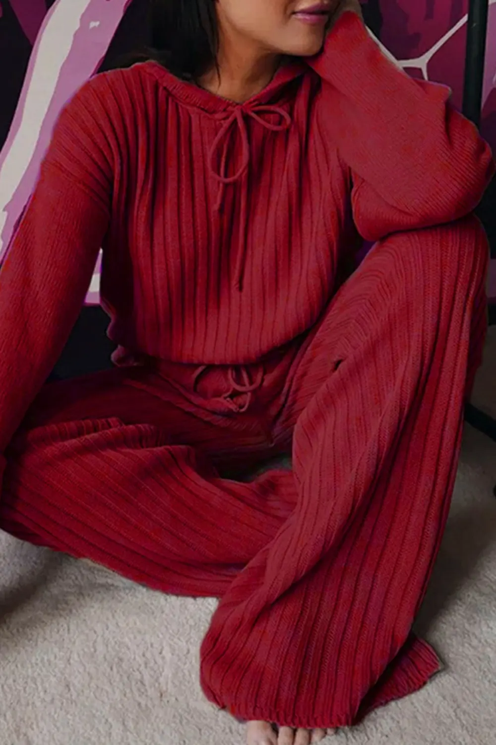 Ribbed Drawstring Hoodie Long Pants Set