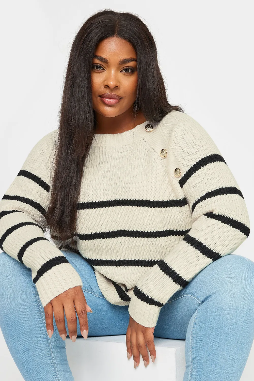 YOURS Curve Navy Blue Stripe Button Detail Jumper