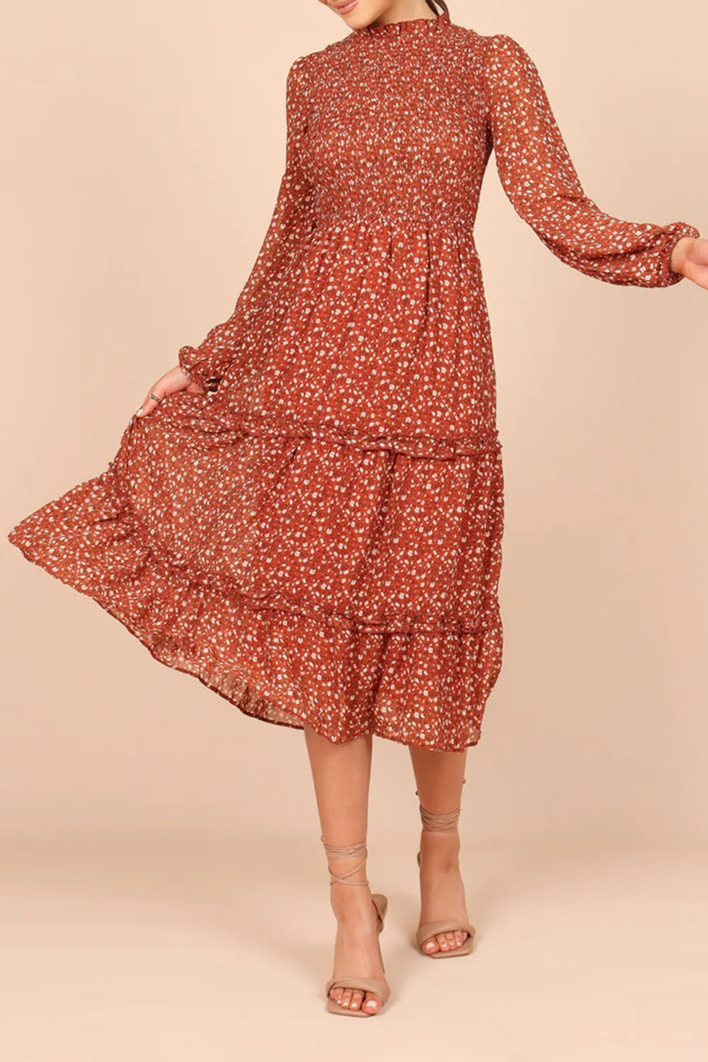 NAVY FLORAL SHIRRED FRILL LONG SLEEVE MIDI DRESS