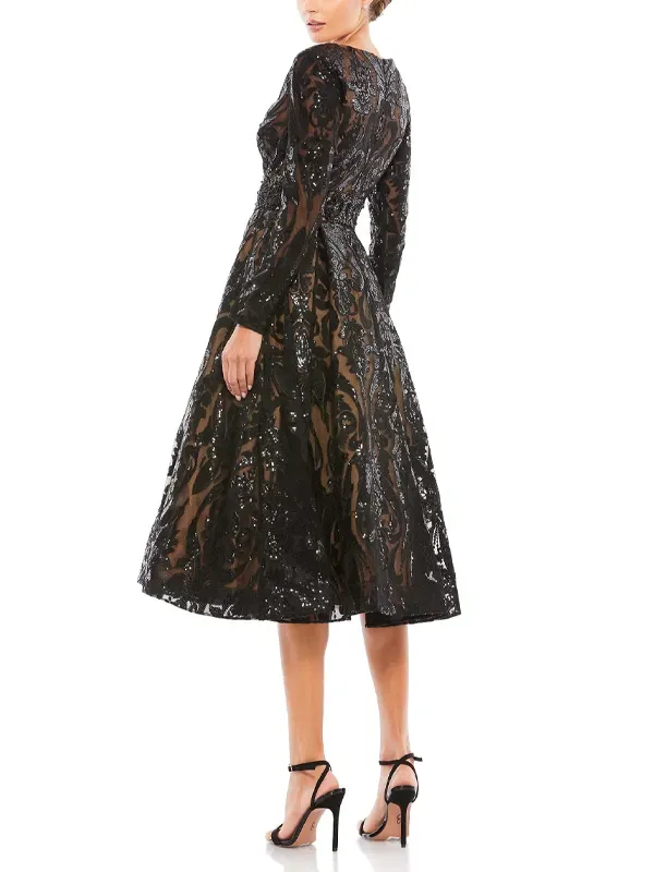 V Neck Long Sleeve Lace Midi Dress