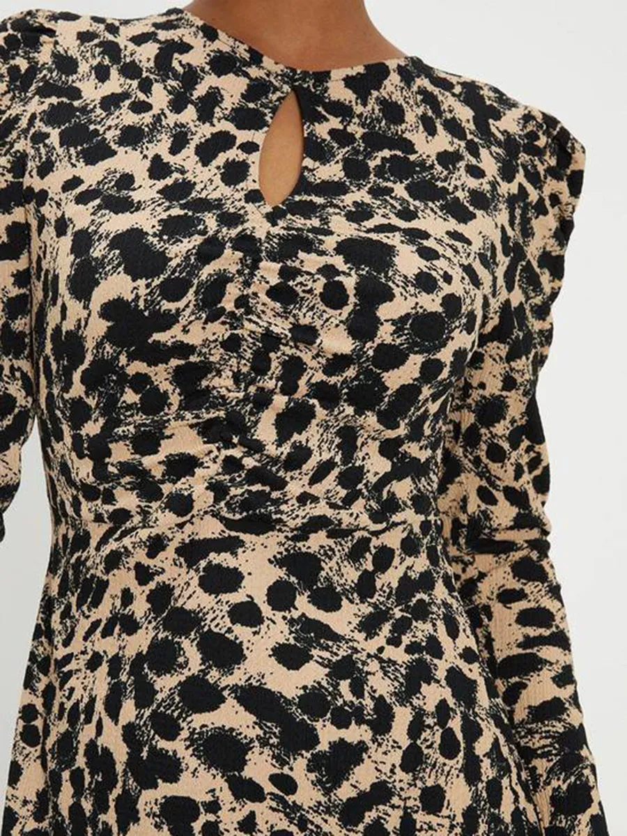 Leopard Print Long Sleeve Midi Dress with Puff Shoulders