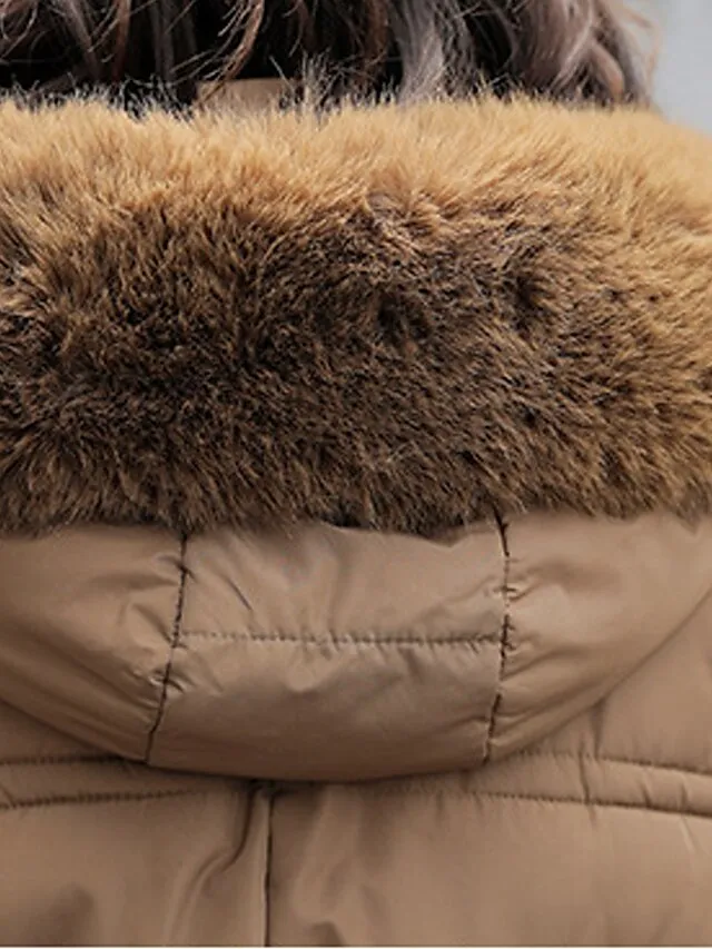 Women's Winter Coat Long Puffer Jacket Warm Parka with Removable Faux Fur Collar Windproof Jacket with Belt Zipper Heated Hoodie Jacket Outerwear Long Sleeve