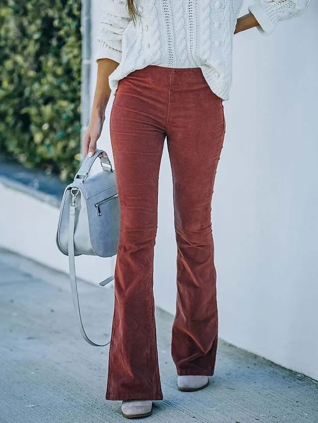 Women's Dress Pants Bootcut Pants Trousers Full Length Corduroy Micro-elastic Medium Waist Fashion Casual Weekend claret Black S M