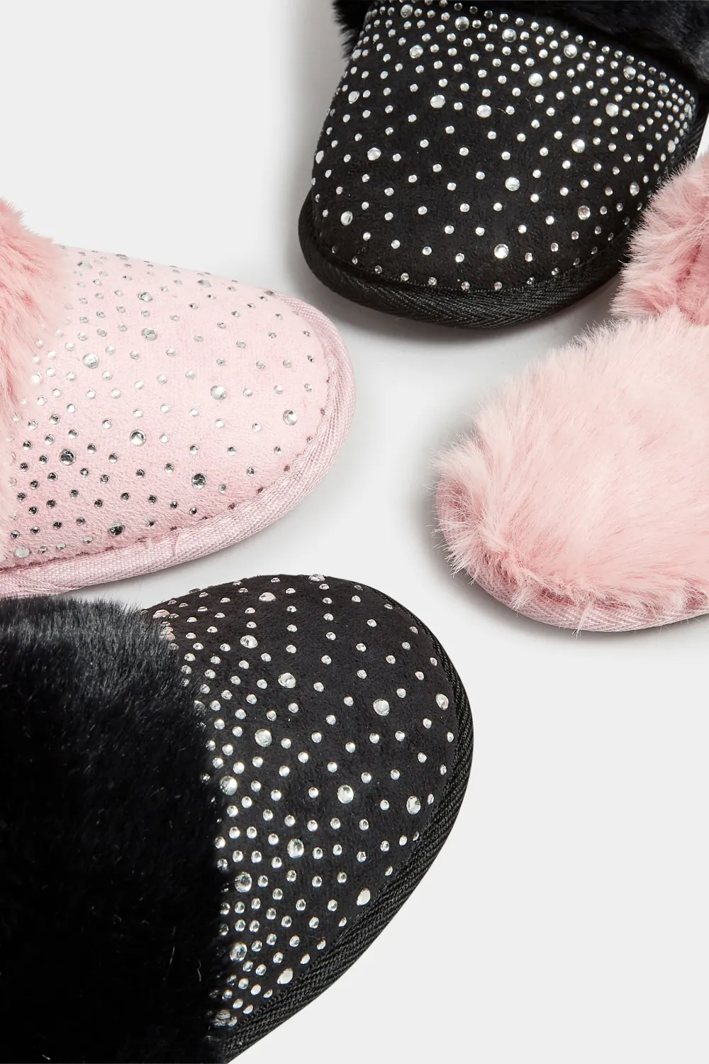 Pink Diamante Faux Fur Slippers In Wide E Fit