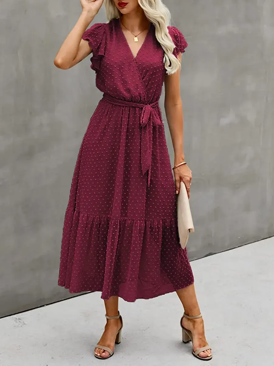 Women Summer Bohemian Floral Casual Wrap V Neck Ruffle Cap Sleeveless Belt A-Line Pleated Hem Swing Midi Sun Dress