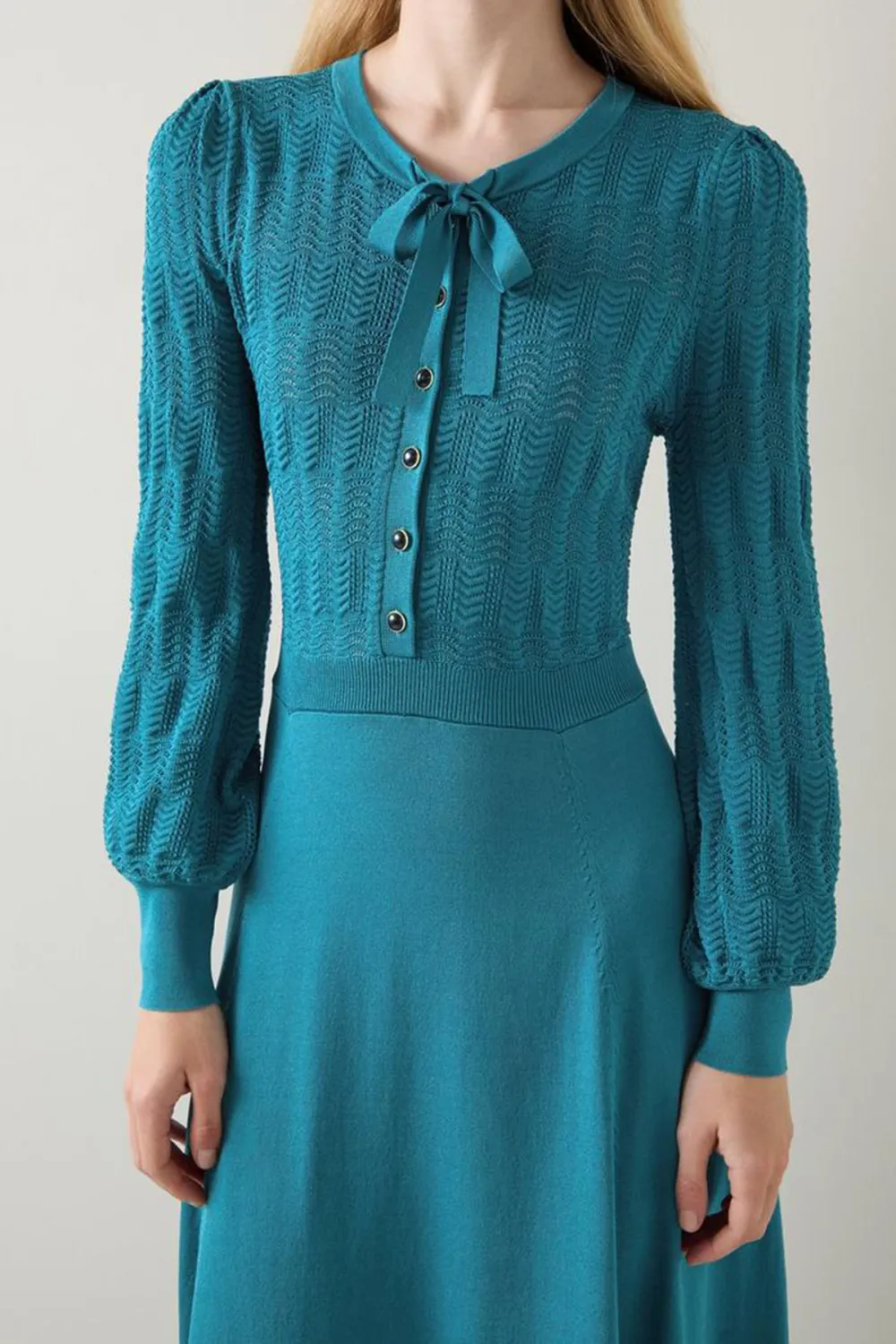 Teal Tie Neck Long Sleeve Midi Dress