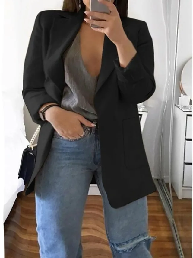 Women's Plus Size Curve Blazer Spring Work to Wear Office Jacket with Pocket Long Sleeve Peaked Lapel Fall Winter