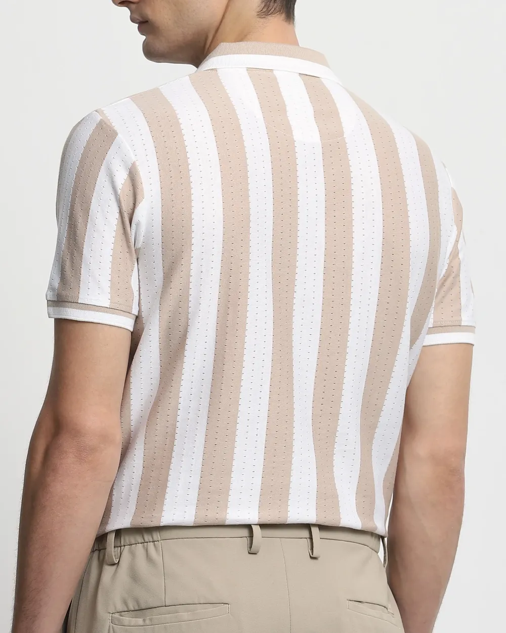 Daily Simple And Slimming Beige Striped Textured Polo Shirt