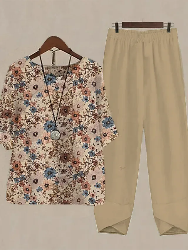 Women's Shirt Pants Sets Pants Trousers Basic White Pink Holiday Weekend Graphic Striped Print Round Neck S M L XL 2XL