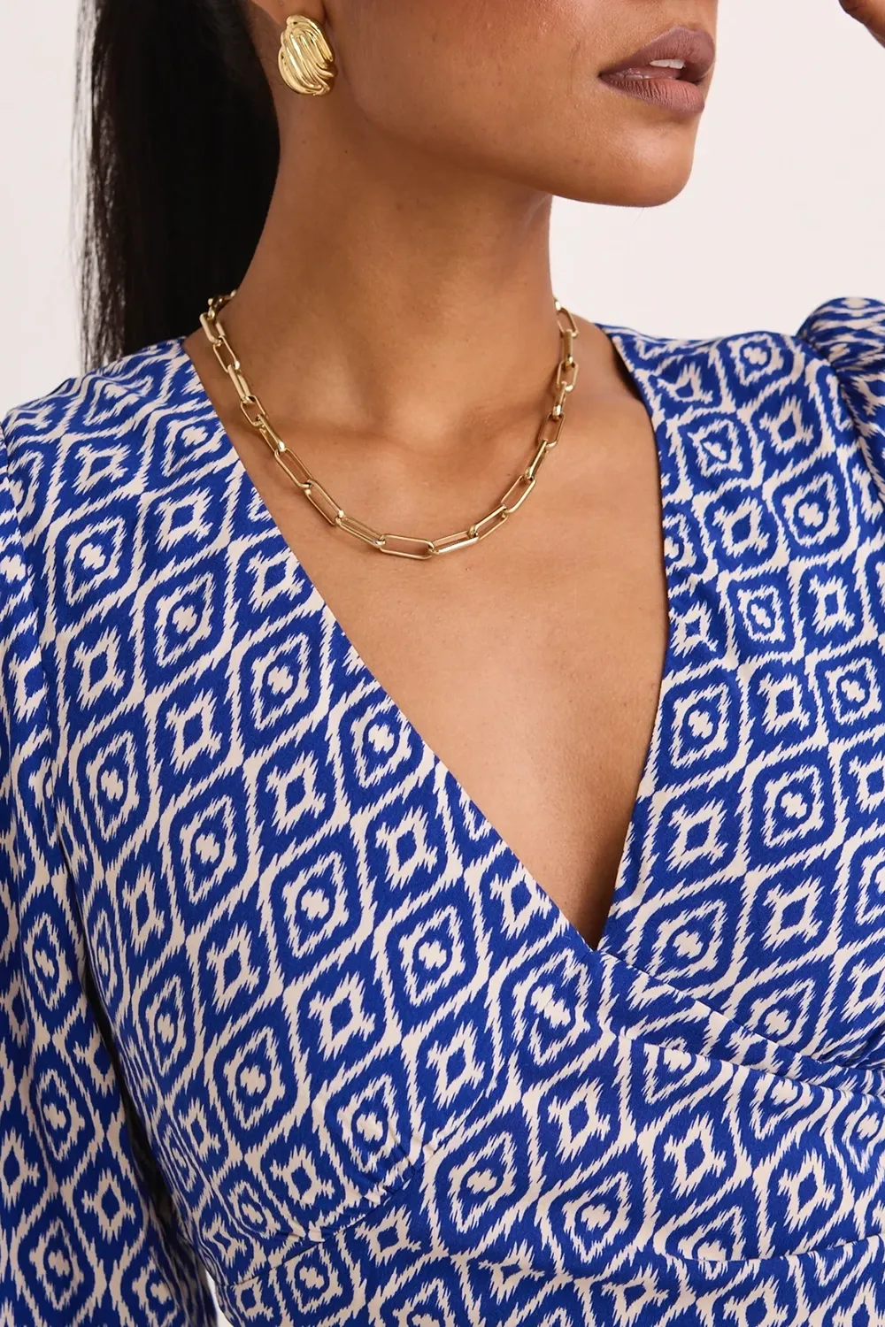 Blue Print Long - Sleeve Maxi Dress