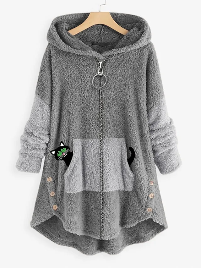 Women's Plus Size Fleece Jacket Teddy Coat Button Pocket Animal Color Block Cat Causal Vacation Long Sleeve Hooded Regular Winter Fall Black Grey Green Black L XL XXL 3XL 4XL
