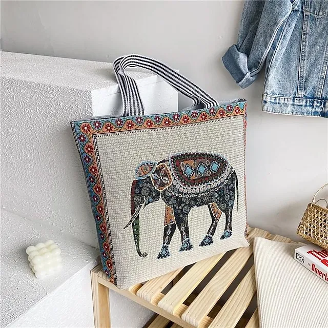 Women's Tote Shoulder Bag Canvas Tote Bag Oxford Cloth Shopping Daily Zipper Print Large Capacity Lightweight Durable Cat Flower Folk Butterfly Unicorn Black cat