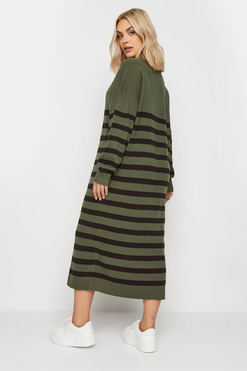 YOURS Curve Khaki Green Stripe Knitted Jumper Dress
