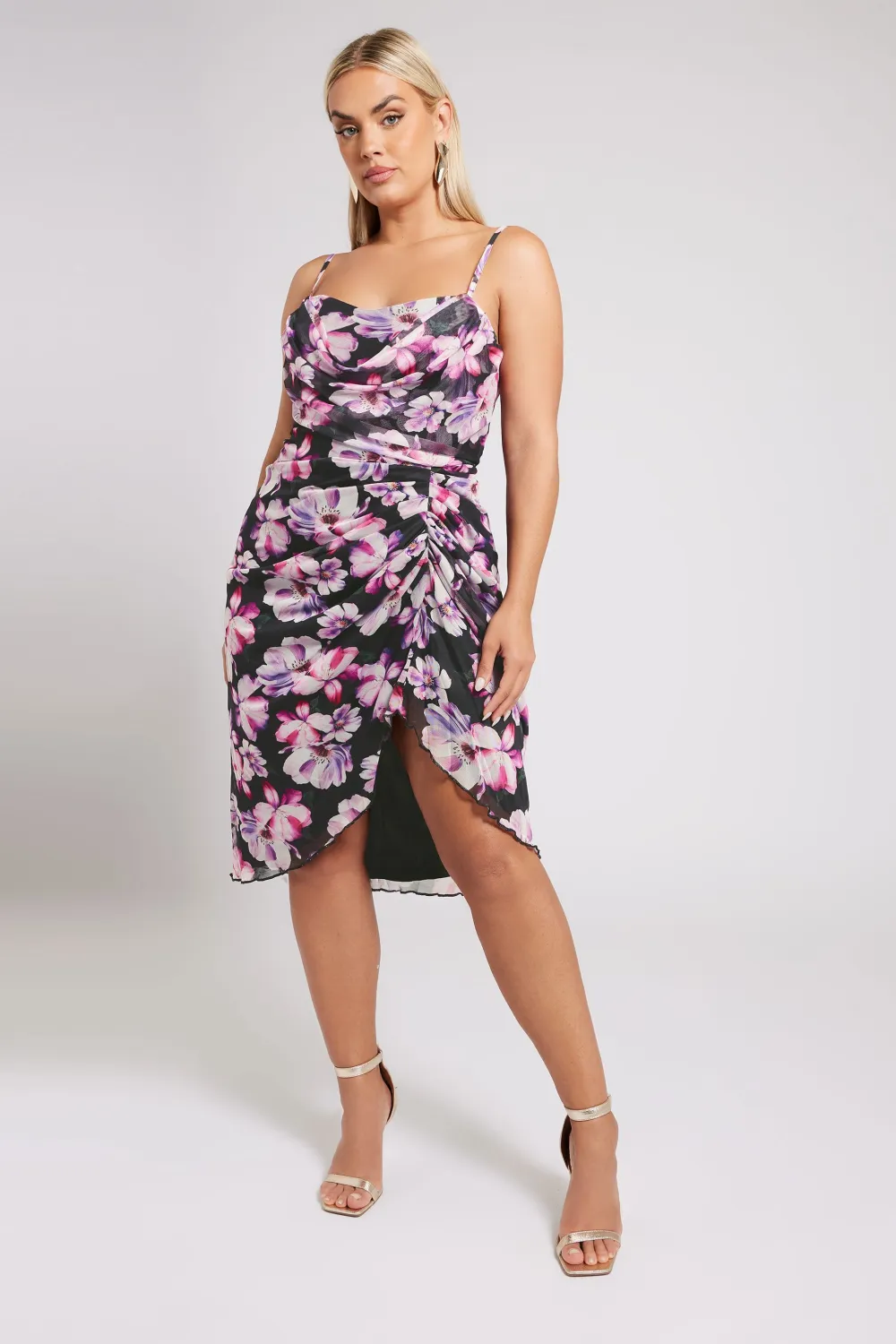 YOURS LONDON Curve Black Floral Print Gathered Dress