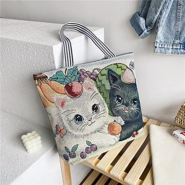 Women's Tote Shoulder Bag Canvas Tote Bag Oxford Cloth Shopping Daily Zipper Print Large Capacity Lightweight Durable Cat Flower Folk Butterfly Unicorn Black cat