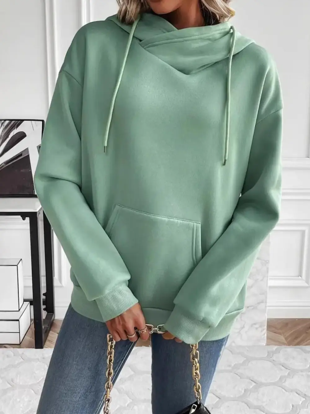 Drawstring Simple All-Match Neo Mint  Hoodie
