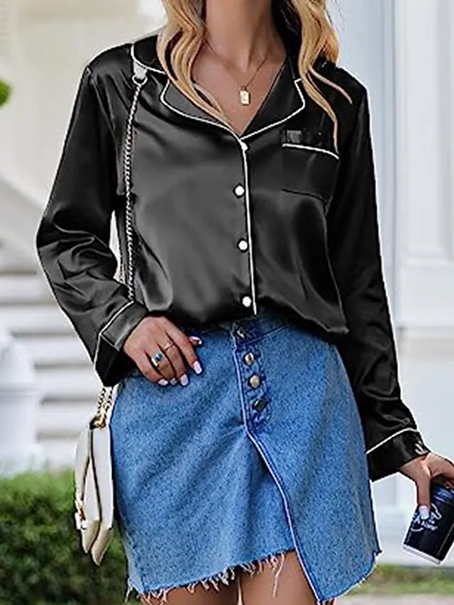 Women's Satin Silk Lounge Sets Satin Pajama Sets Pure Color Fashion Casual Comfort Home Daily Bed Satin Breathable Lapel Long Sleeve Shirt Pant Button Pocket Summer Fall Black White