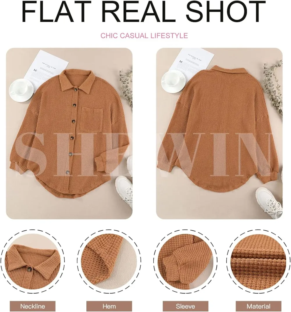 Womens Waffle Knit Button Down Shirts Casual Long Sleeve Shacket Jacket Boyfriend Tops Blouses Loose Fit
