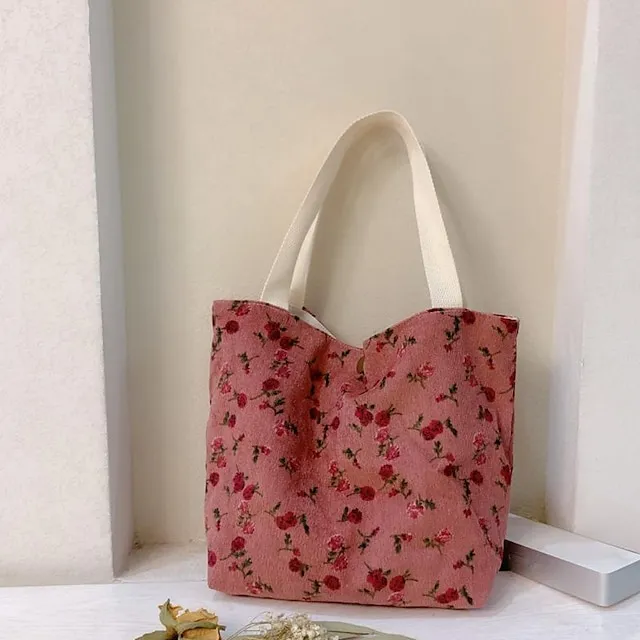 Women's Tote Tote Canvas Tote Bag Corduroy Shopping Daily Print Flower small green flowers Corduroy Blue Daisy Portable Corduroy Red Rose Portable