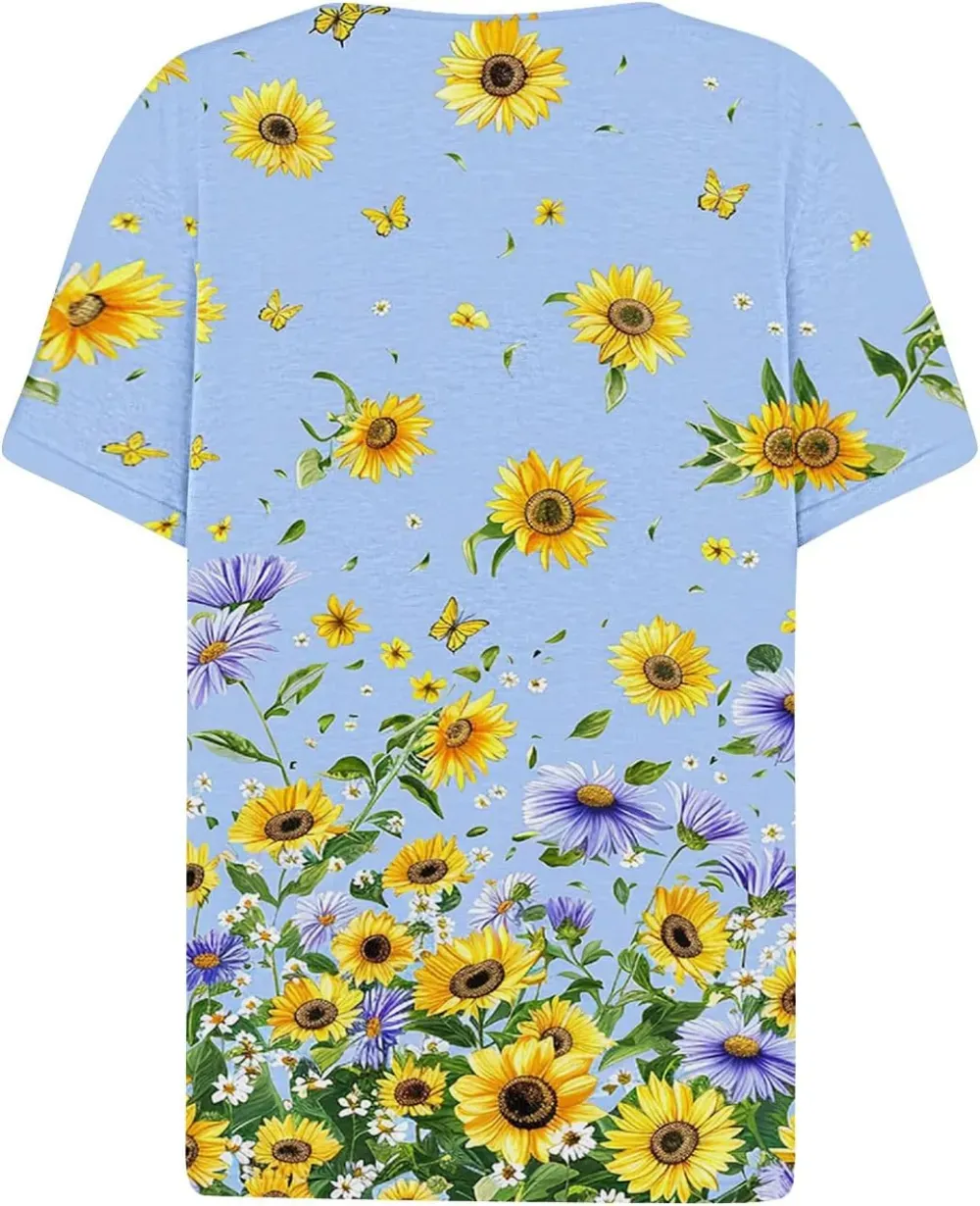 Shirts for Women Casual Printed Summer Tops Short-Sleeved Button V-Neck Tops Blouse Fashion Boho T-Shirts