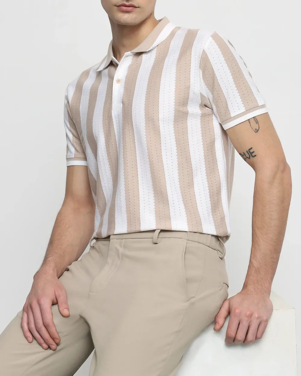 Daily Simple And Slimming Beige Striped Textured Polo Shirt