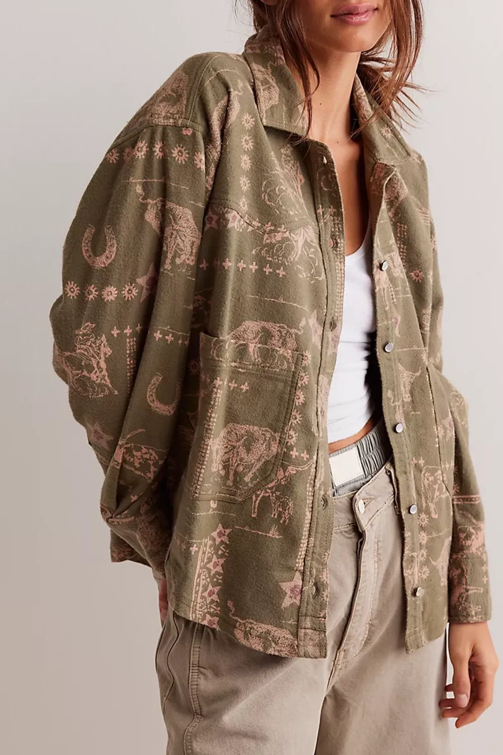 Printed Button Front Utility Shirt