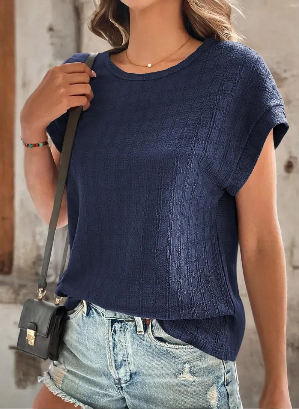 Dokotoo Tops for Women Trendy Summer Casual Cap Short Sleeve Basic Textured Solid Color Round Neck T Shirts Blouse